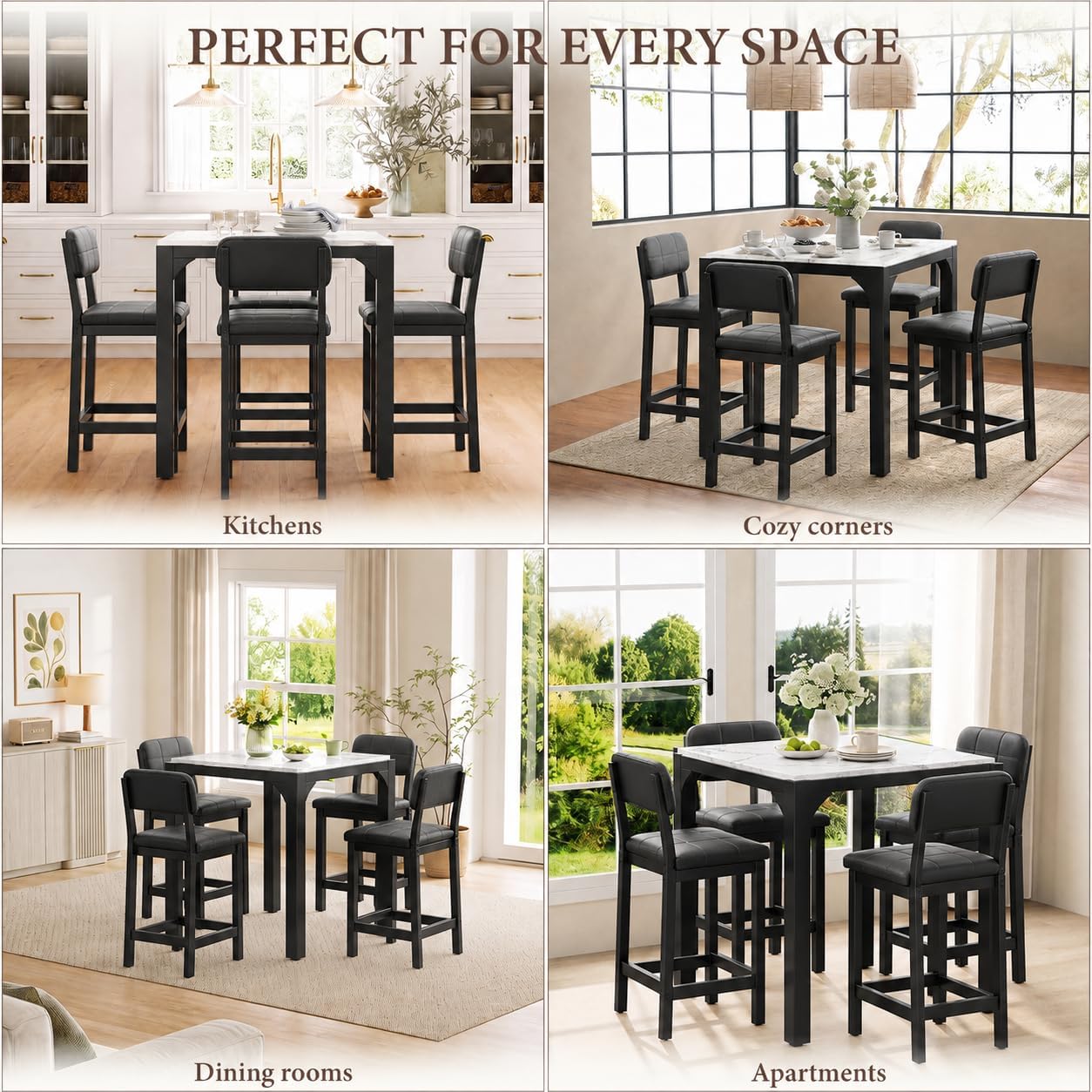 5-Piece Counter Height Dining Set | Marble-Look Top, Padded Chairs, Black