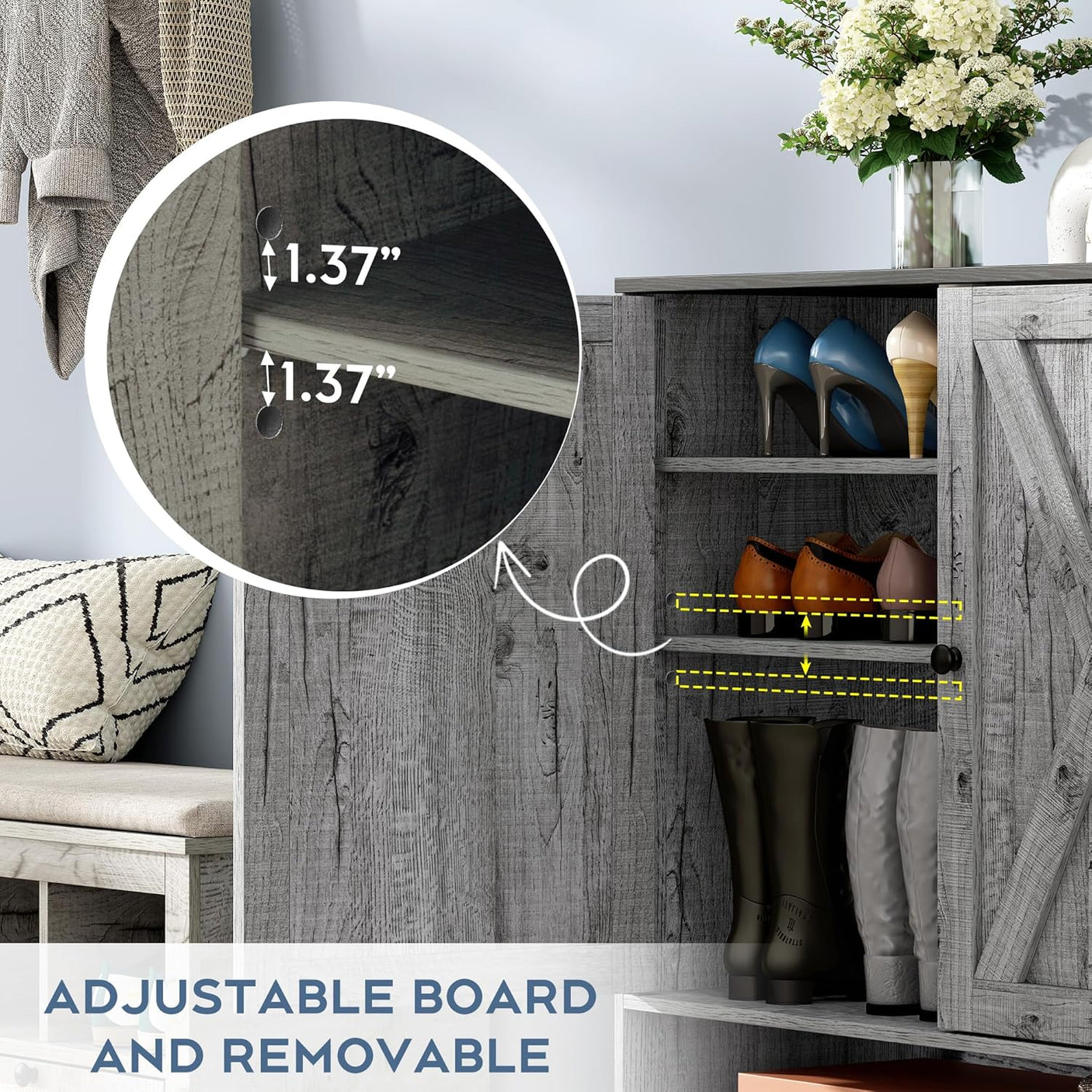 5-Tier Natural Rattan Entryway Shoe Storage Cabinet with Doors