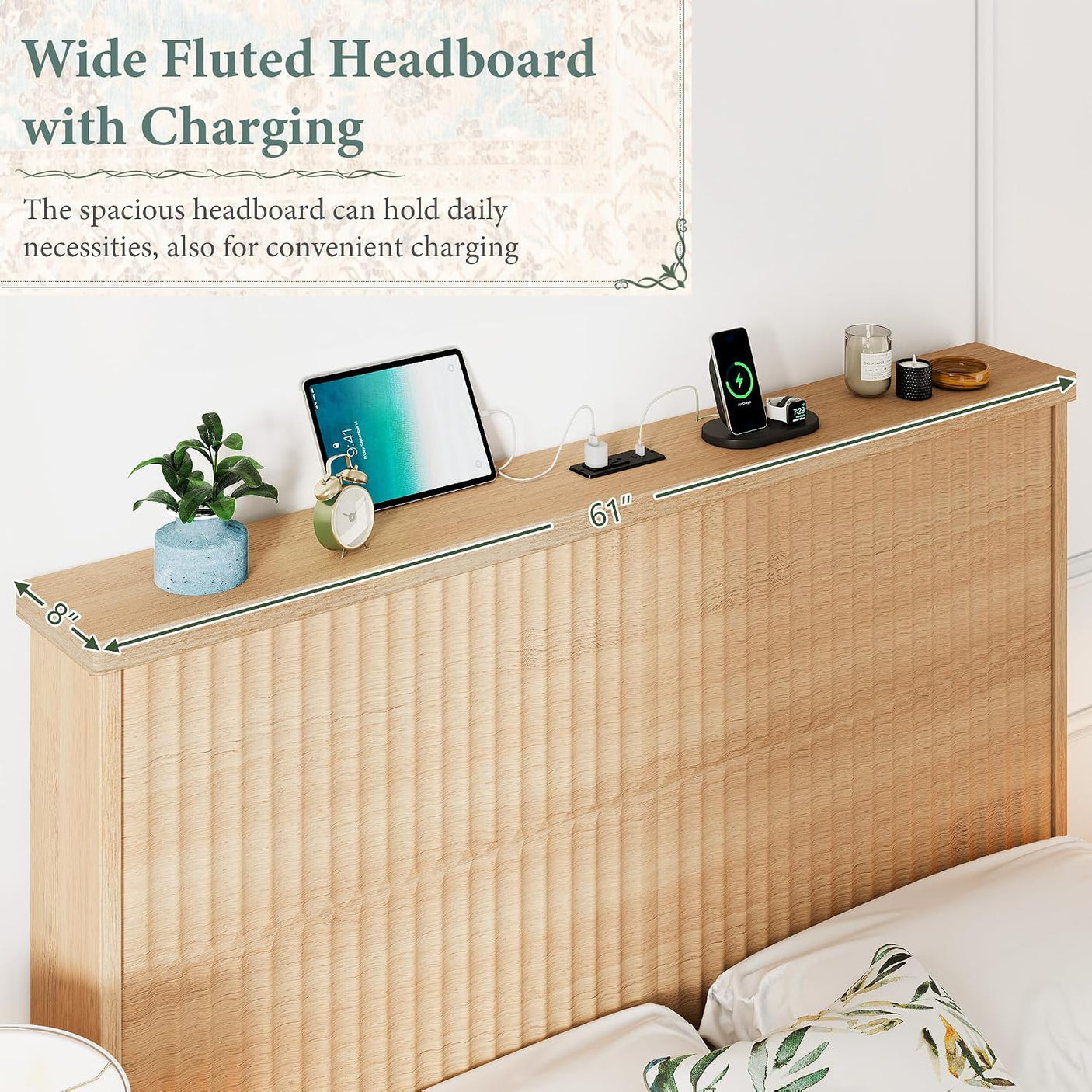 Boho Bed Frame with 55" Tall Fluted Headboard, Storage Drawers & Charging Station | Full & Queen