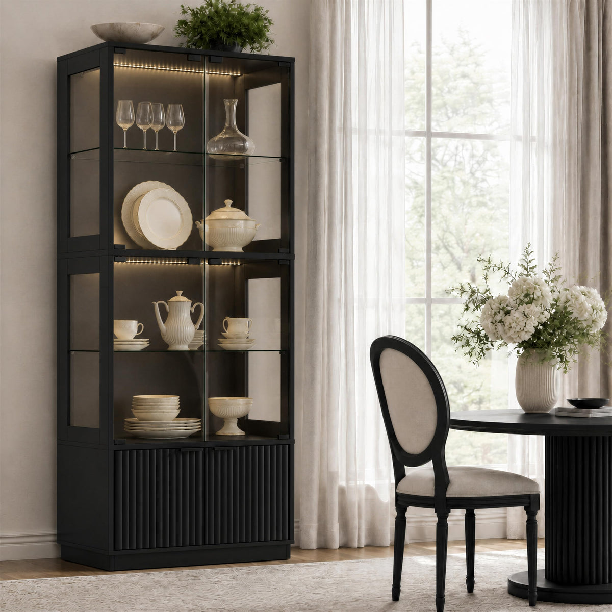 4 Tier Display Cabinet with Glass Doors & Fluted Storage Cabinet LED Lights, Black