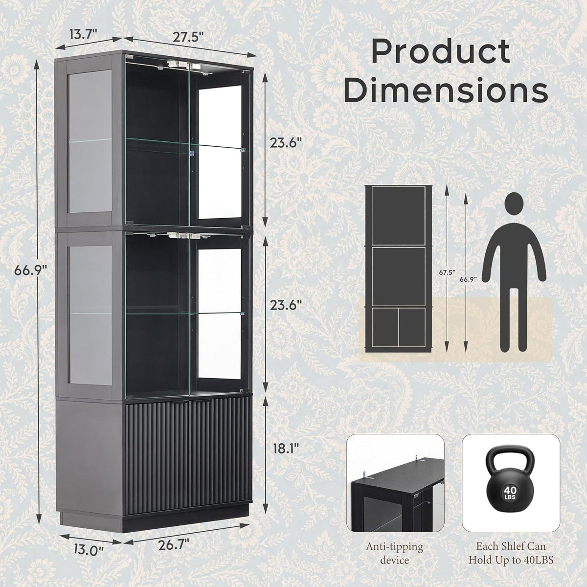 4-Tier LED Glass Display Cabinet with Fluted Storage