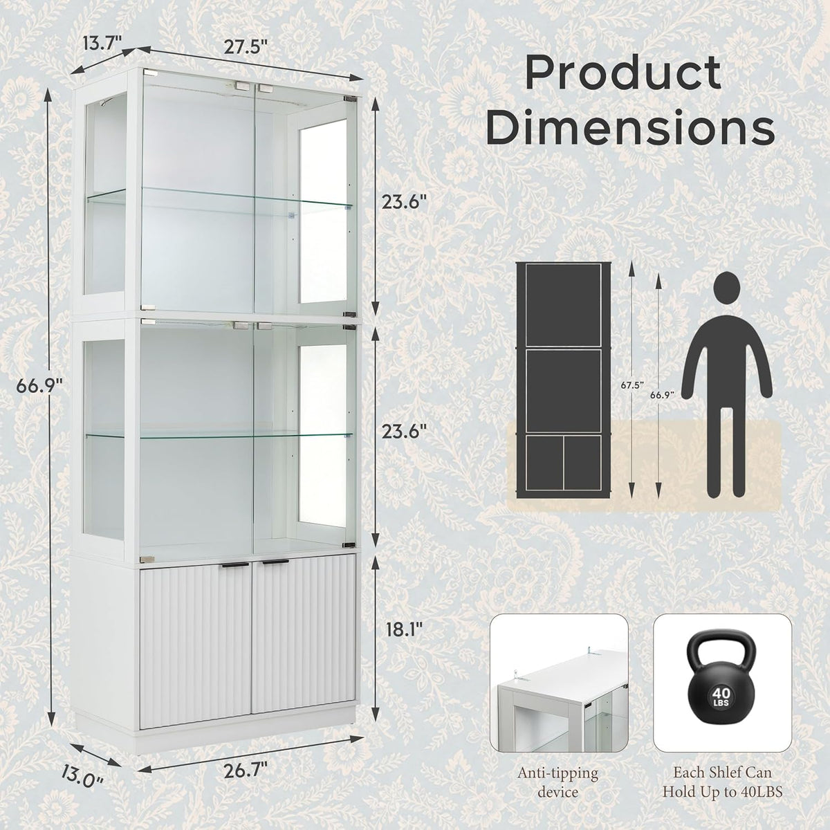 4 Tier Display Cabinet with Glass Doors & Fluted Storage Cabinet LED Lights, Pure White