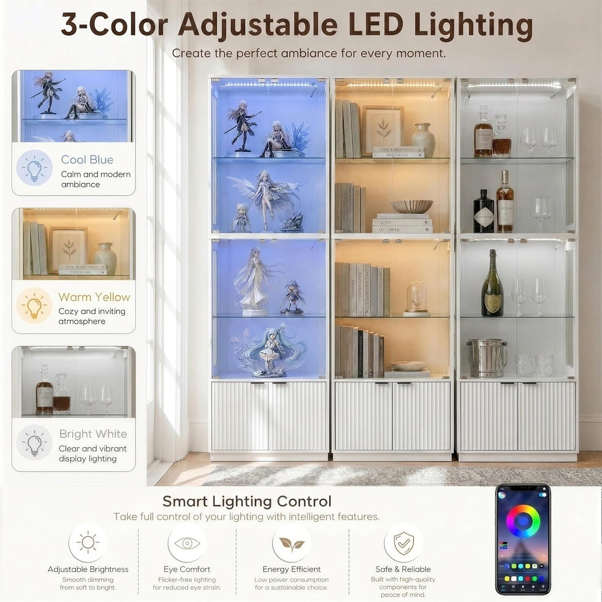 4 Tier Display Cabinet with Glass Doors & Fluted Storage Cabinet LED Lights, Pure White