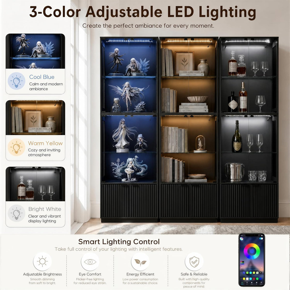 4-Tier LED Glass Display Cabinet with Fluted Storage