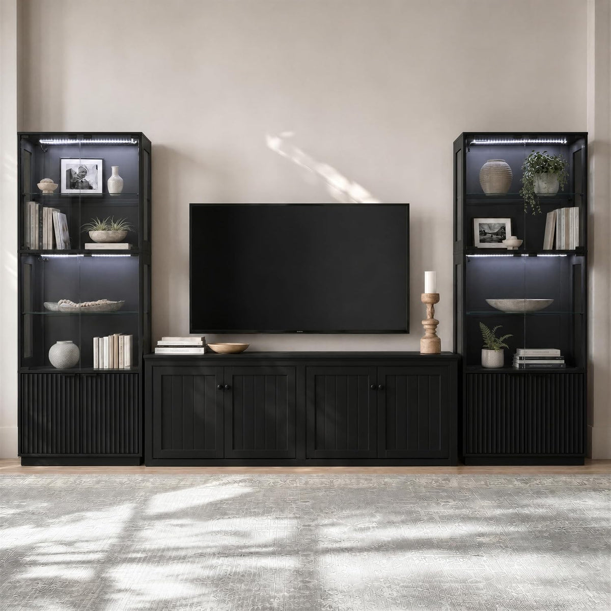 4-Tier LED Glass Display Cabinet with Fluted Storage