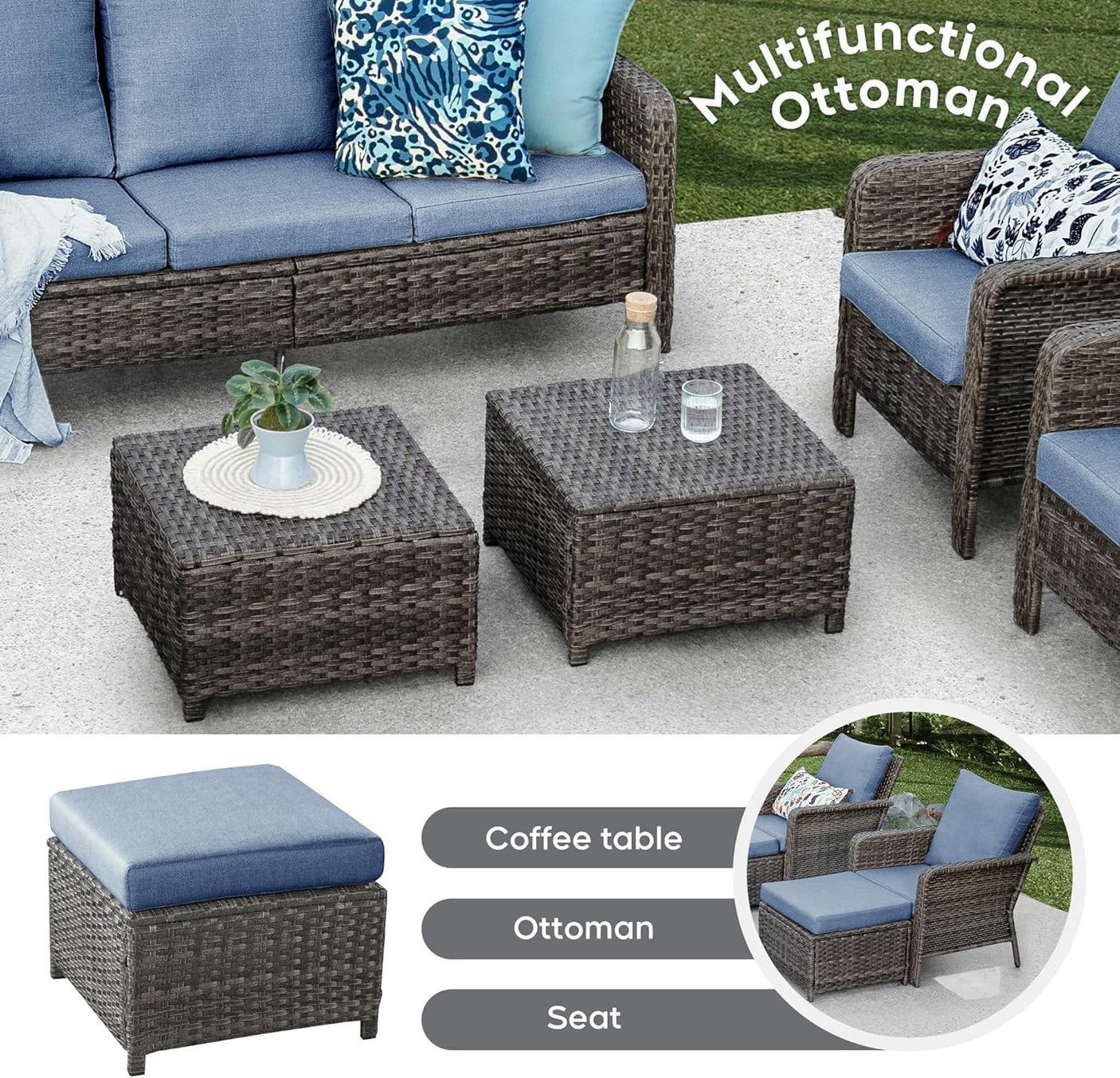 9-Piece Outdoor Patio Furniture Set with 44" Propane Fire Pit Table, 360° Swivel Chairs & 3-in-1 Ottomans, Blue Wicker Conversation Set