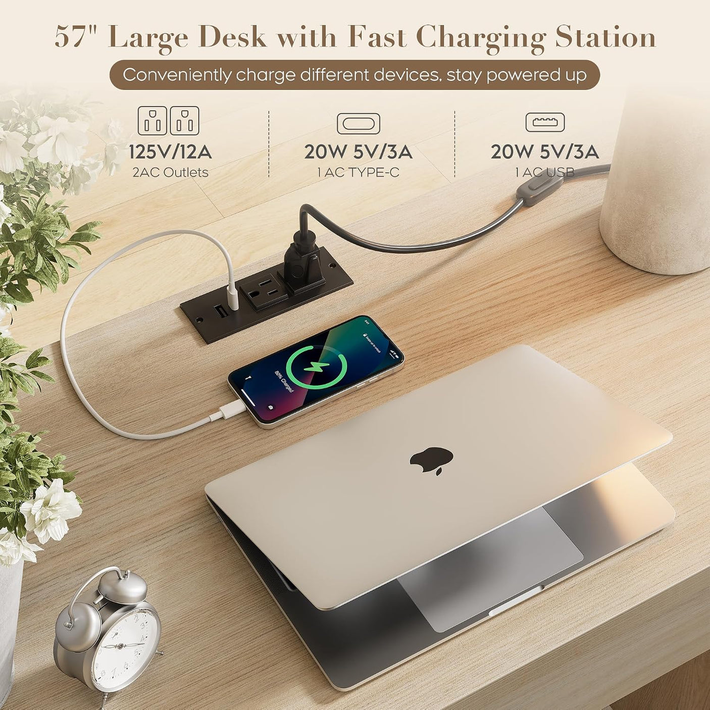 Yechen 57" Rattan Executive Desk — Built-in Charging Station, 5 Drawers & File Cabinet | Farmhouse Home Office