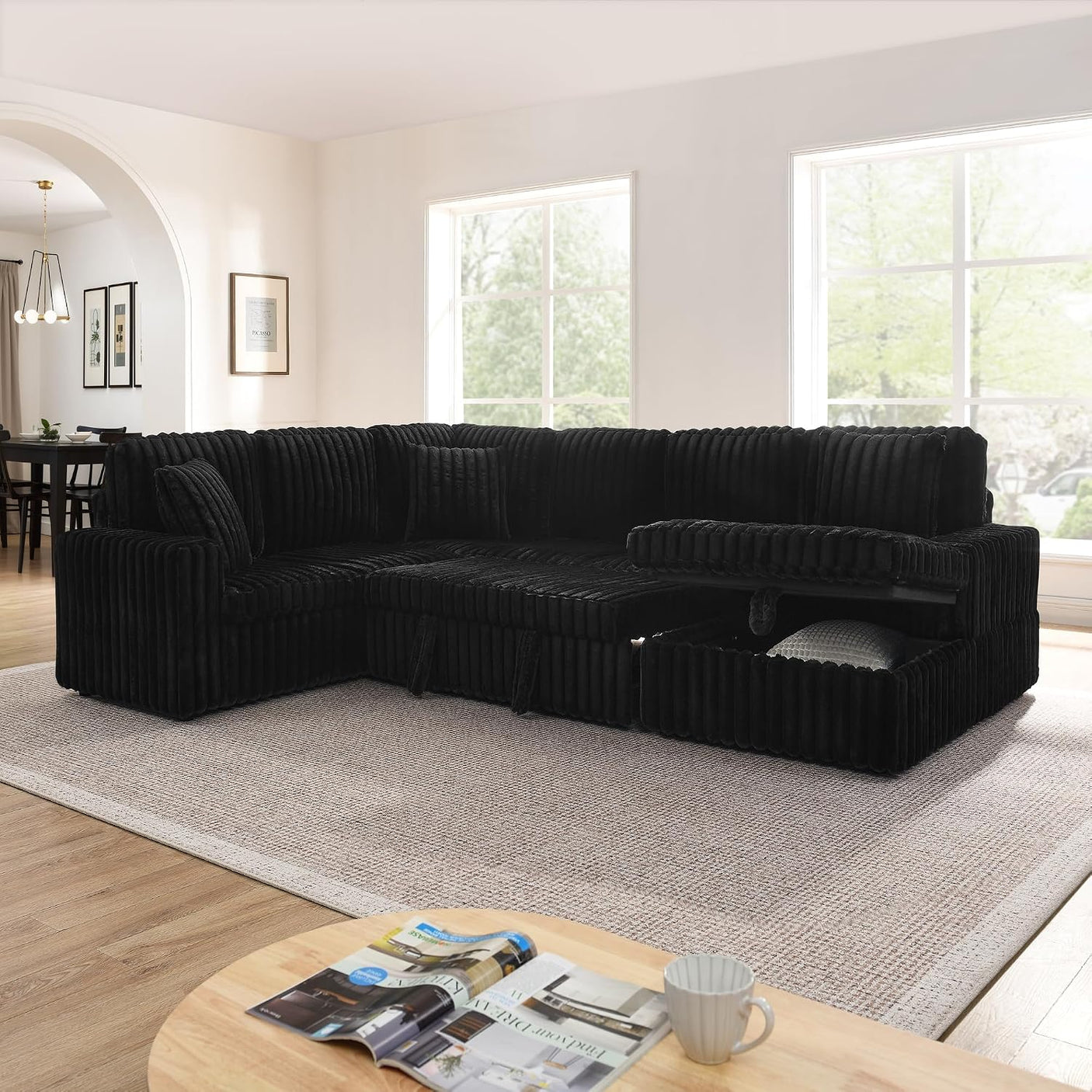 114" U-Shaped Sectional Sofa with Pull-Out Bed, Storage Chaise & USB Ports | Plush Corduroy, Seats 7