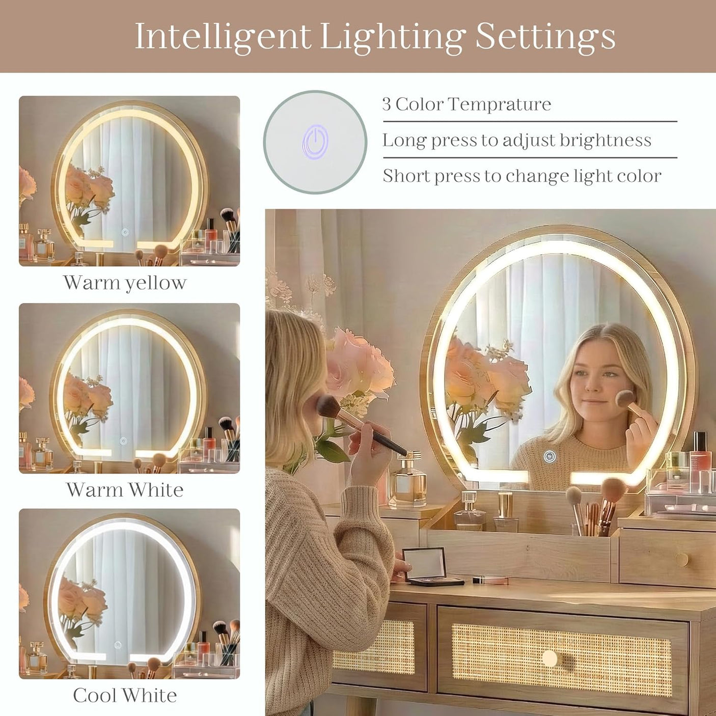 Yechen Boho Rattan Vanity Desk with Stool & LED Mirror | Compact Makeup Table for Small Spaces