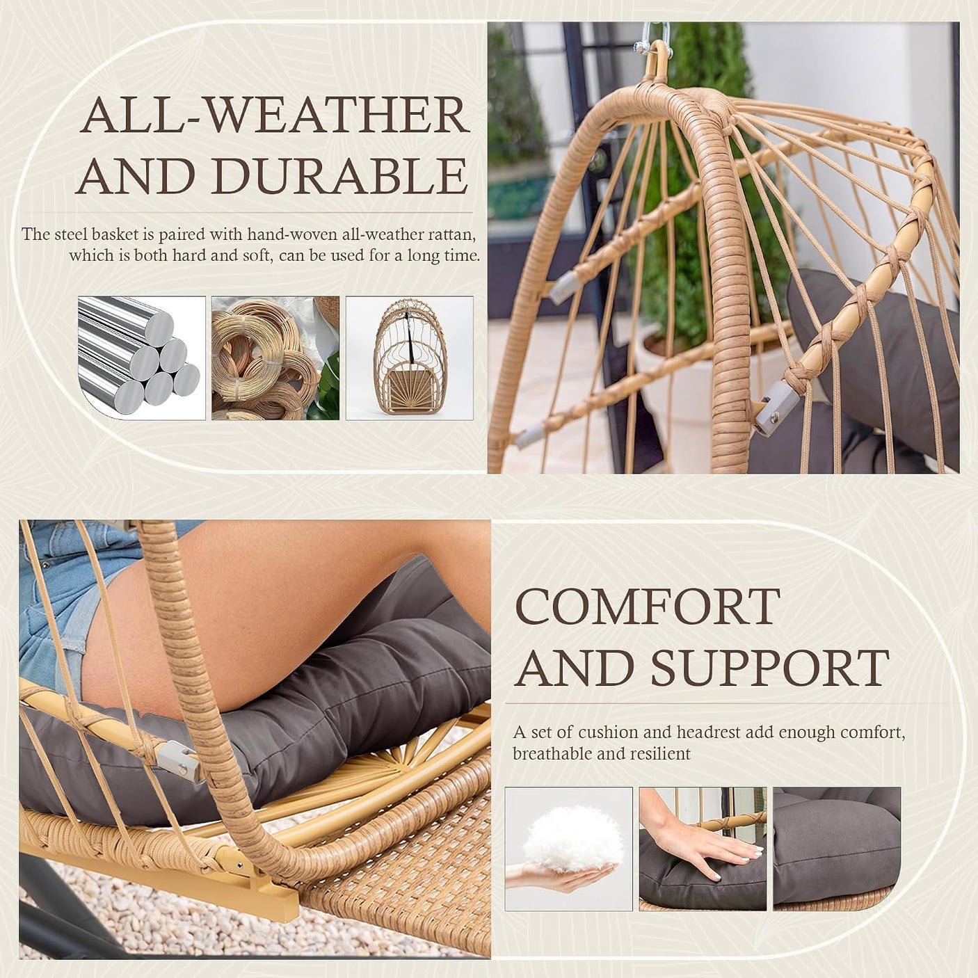 Egg Hanging Chair with Stand, Footrest & Cushion | Patio & Bedroom, Natural Grey