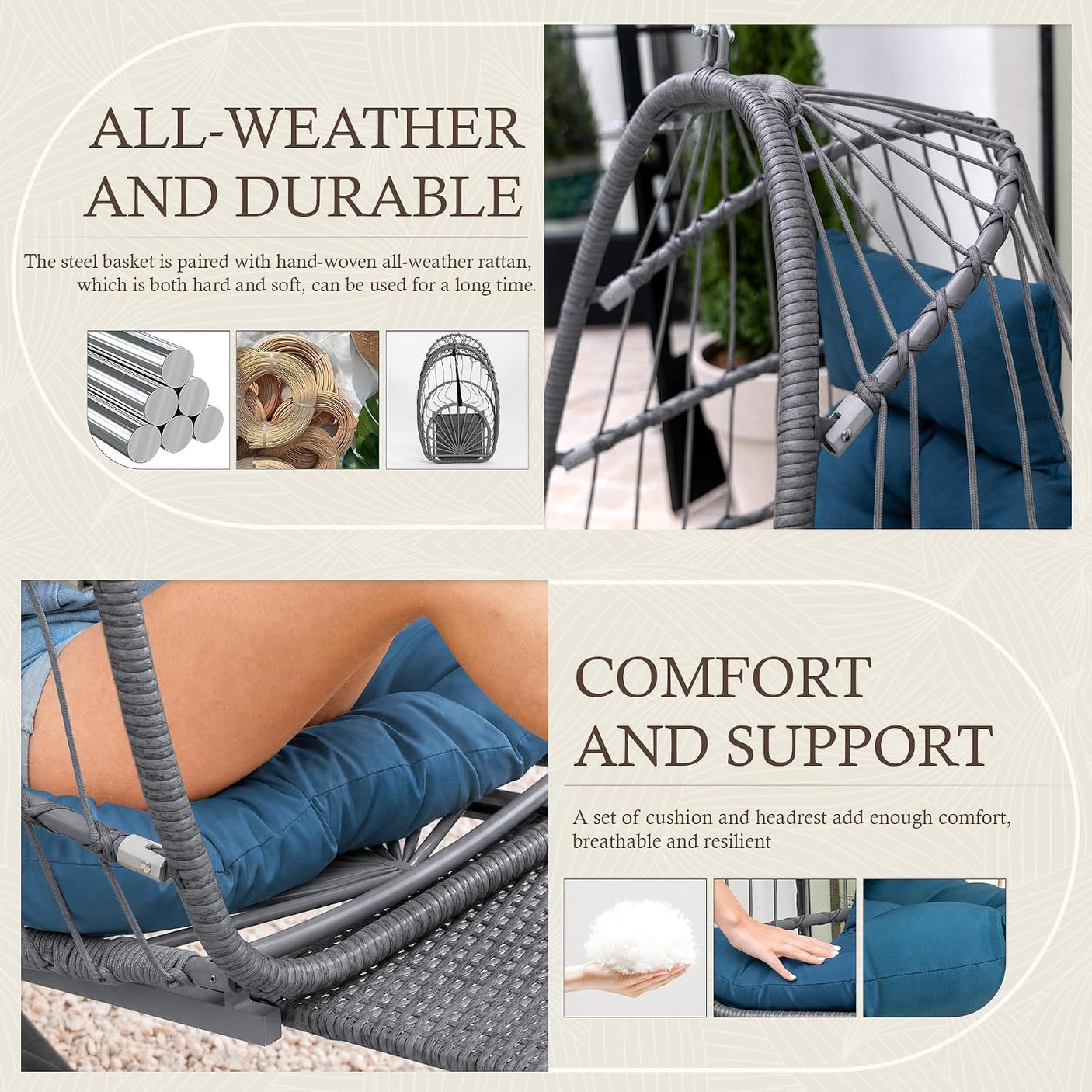 Egg Hanging Chair with Stand, Footrest & Cushion | Patio & Bedroom, Dark Blue