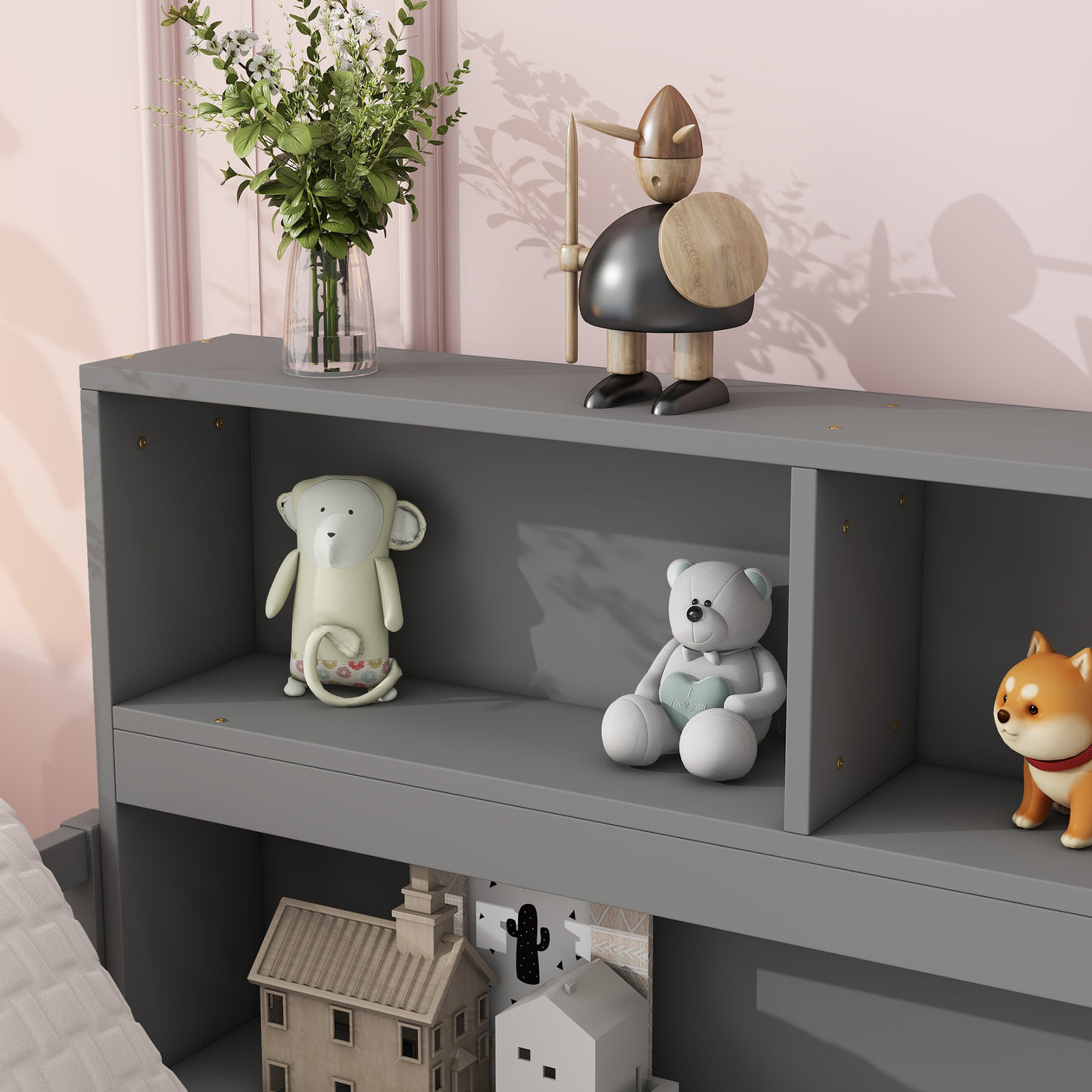 Wood Bed Frame with Bookcase & Shelves