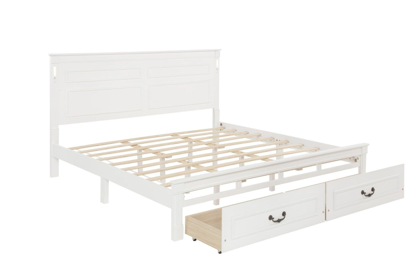 Farmhouse Bed Frame with Storage Drawers & LED Lights | Solid Pine Wood