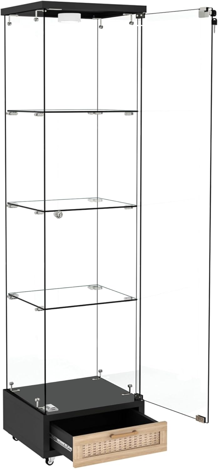 YECHEN Glass Display Cabinet with LED Lights | 4-Shelf Curio Cabinet with Drawer & Locking Door