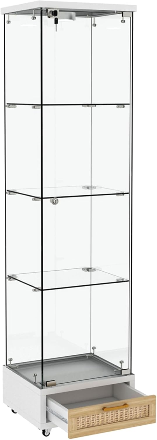 YECHEN Glass Display Cabinet with LED Lights | 4-Shelf Curio Cabinet with Drawer & Locking Door