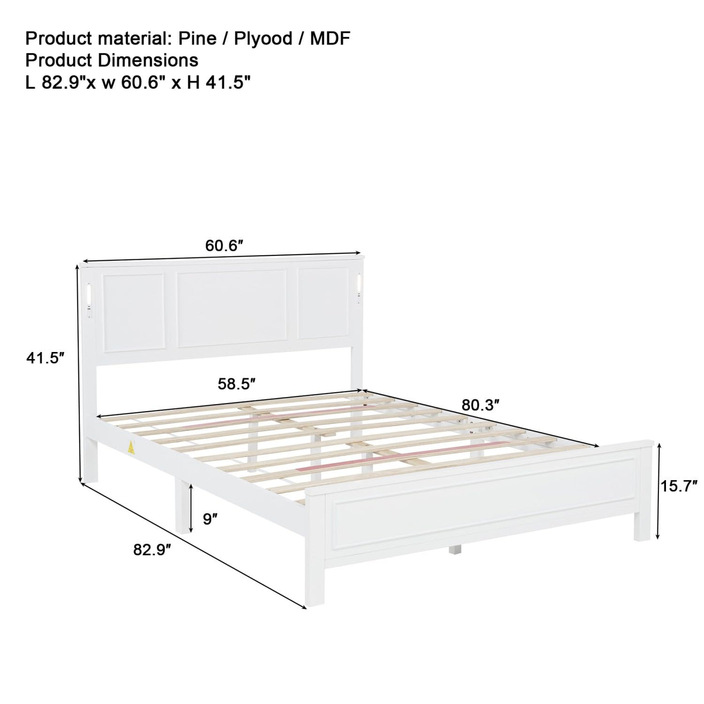 Farmhouse Bed Frame with LED Lights & Charging Station | Solid Pine Wood | Queen & King