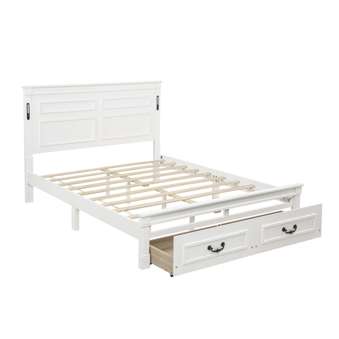 Farmhouse Bed Frame with Storage Drawers & LED Lights | Solid Pine Wood