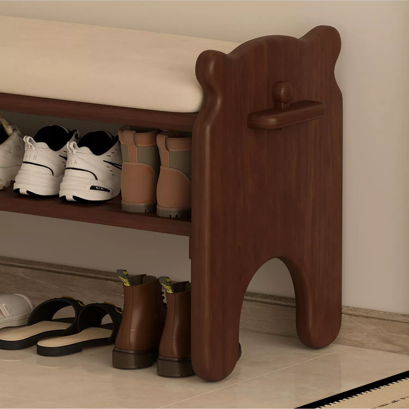 Yechen Bear Shoe Bench, Solid Wood Entryway Bench with Cushion & 2-Tier Shoe Rack