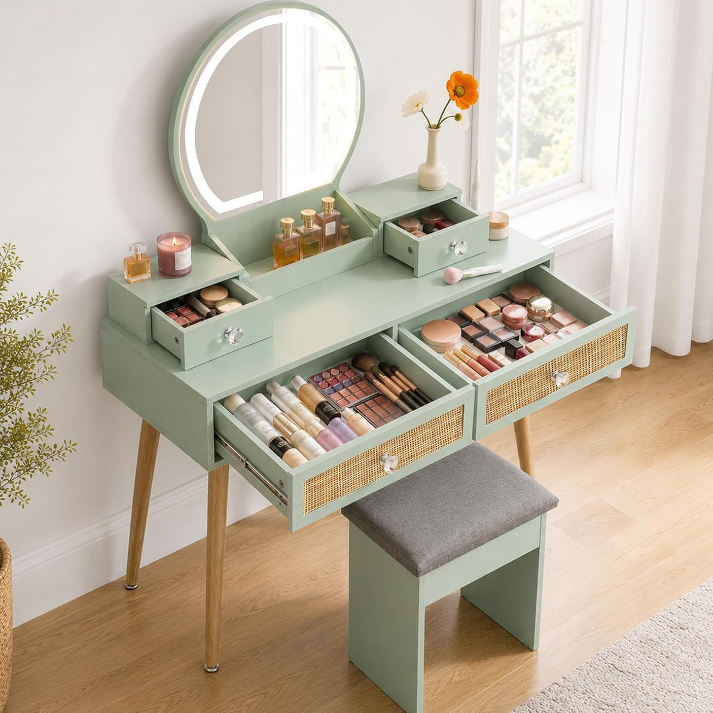 Vanity Desk Set with LED Mirror and Stool, 31" Boho Rattan Makeup Vanity Table, 3-Mode Lighted Mirror, 4 Drawers, Mint, Space-Saving for Bedroom