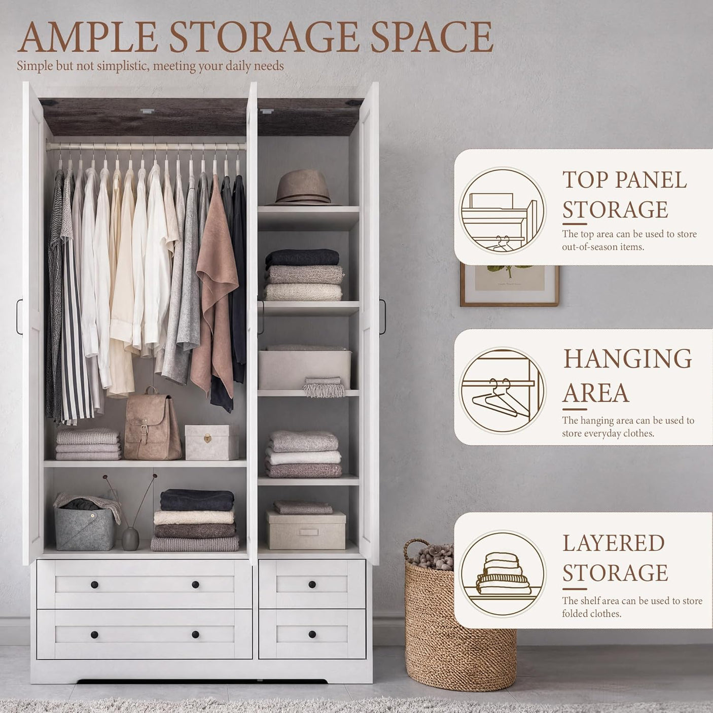Yechen 71" 3-Door Wooden Armoire Wardrobe Closet with Mirror, 4 Drawers & Adjustable Shelves | White Farmhouse Bedroom Cabinet