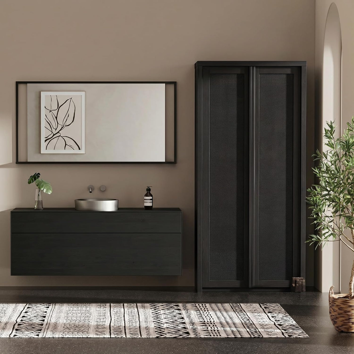 Yechen 67" Tall Rattan Kitchen Pantry Cabinet – Solid Wood Handle, Soft-Close Hinges, Adjustable Shelves, Dark Black