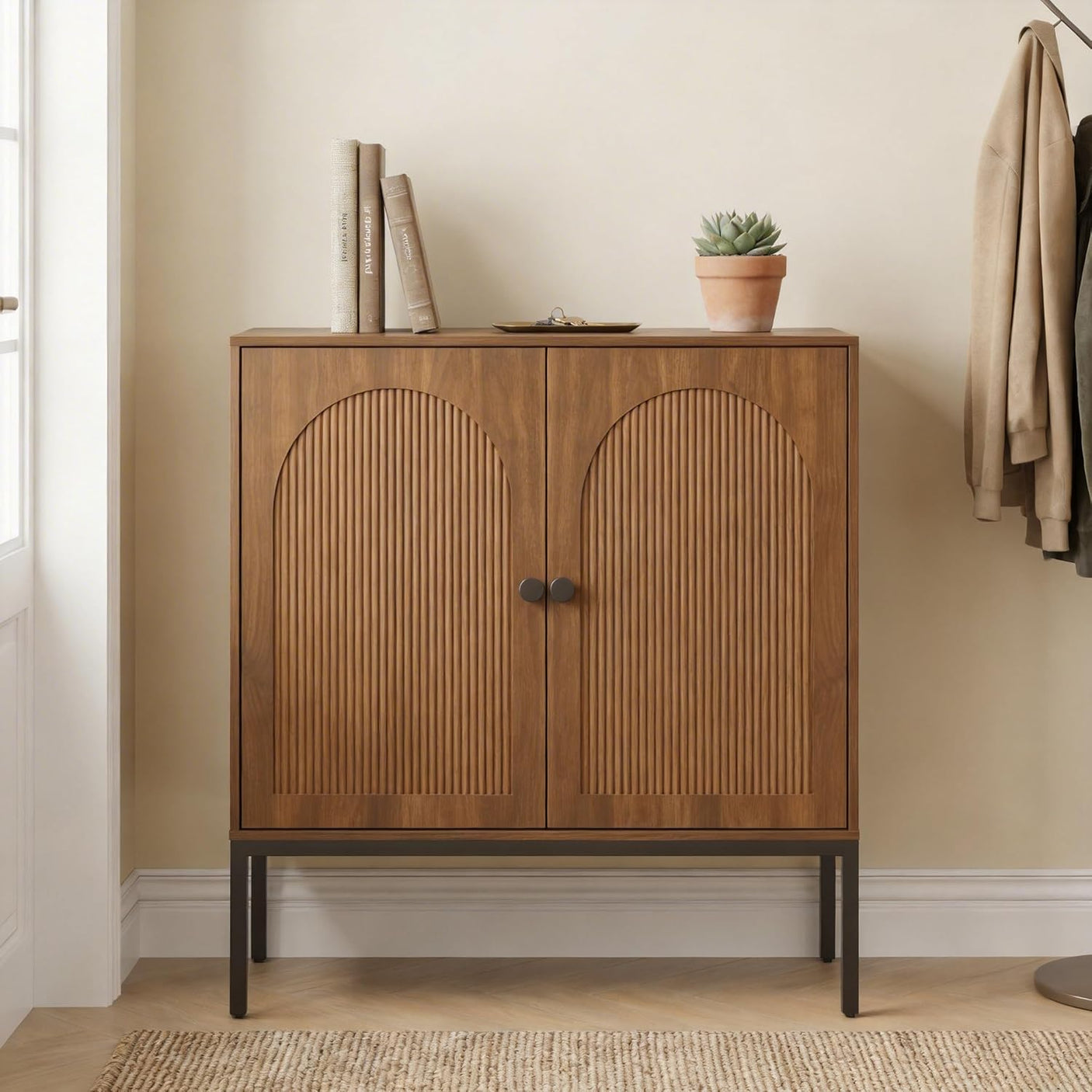 Fluted Sideboard Cabinet with Storage – 2-Door Arched Buffet Credenza | Mid-Century Modern | Walnut & Black