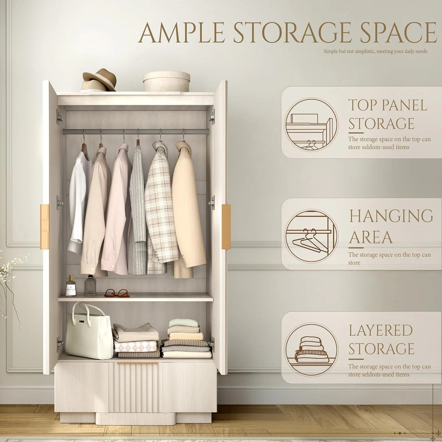 Yechen 67" Fluted White Armoire Wardrobe with Doors & Drawer - Natural Wood Closet Cabinet