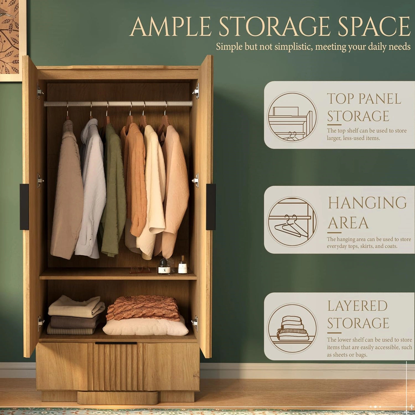 Yechen 67" Fluted Oak Armoire Wardrobe with Doors & Drawer - Natural Wood Closet Cabinet