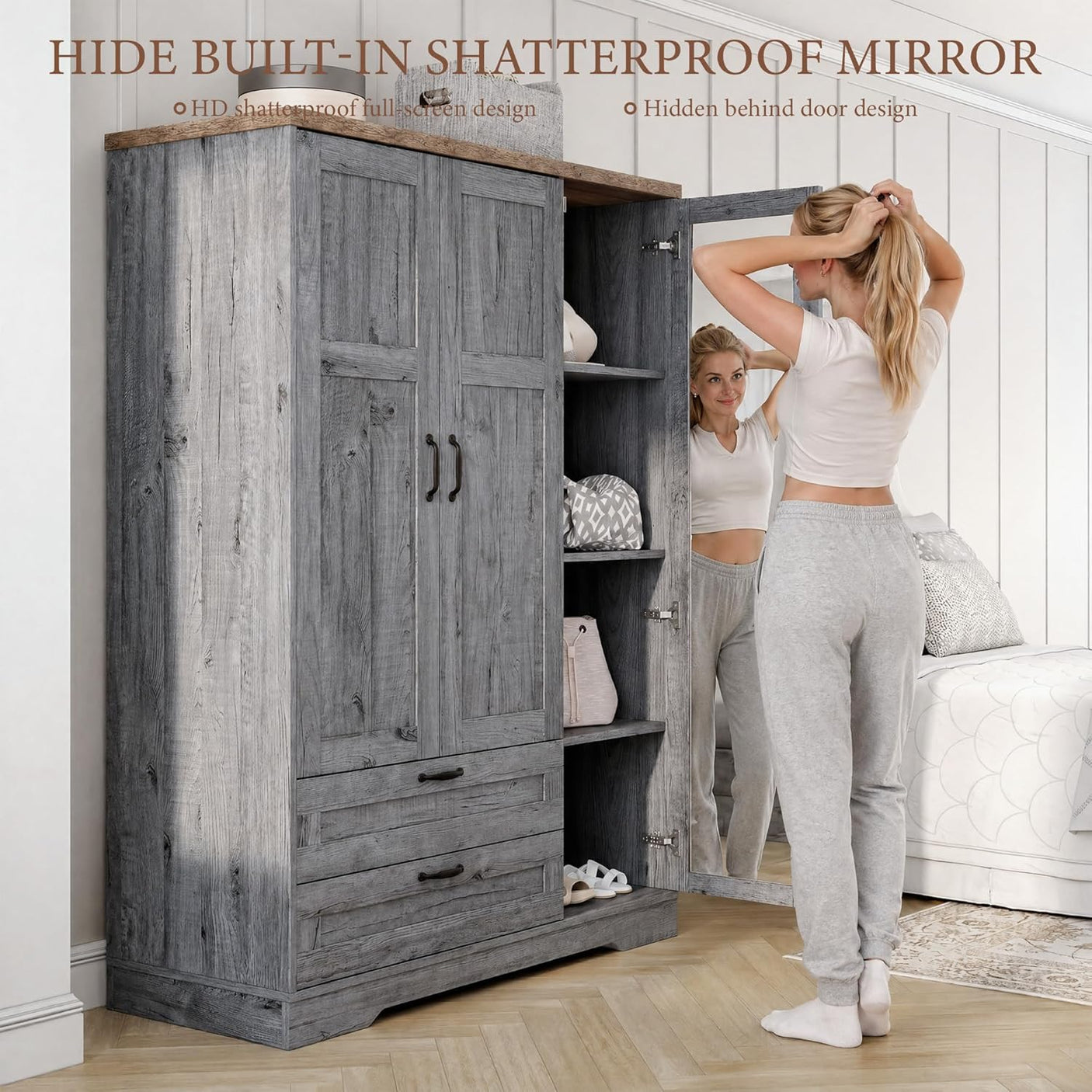 Yechen 3-Door Wooden Wardrobe Closet with Mirror, Drawers & Shelves, Farmhouse Armoire for Bedroom