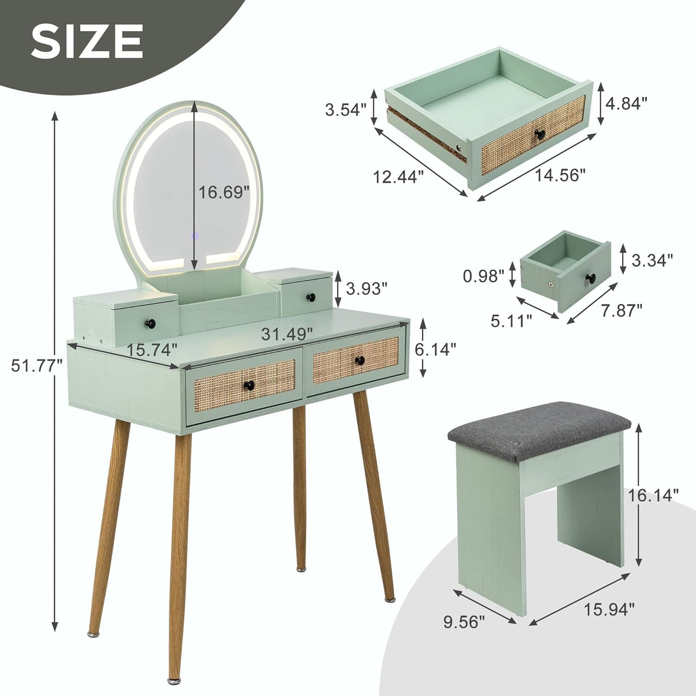 30" Vintage Makeup Vanity Table Set with Flip-Top Mirror & Rattan Drawers, Compact Dressing Table with Padded Stool