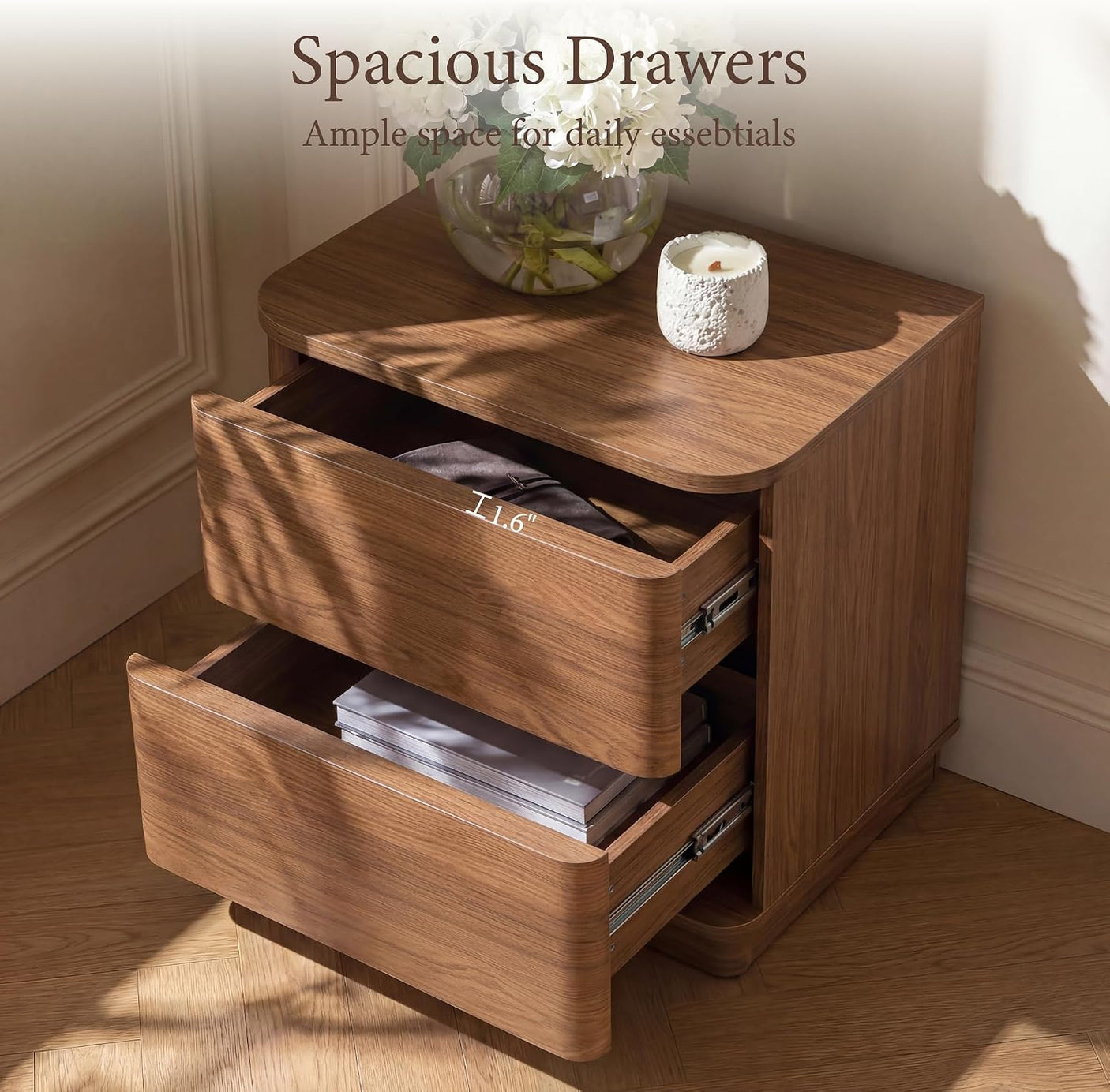 Curved Nightstand with Hidden Drawer | Mid-Century Modern Bedside Table | Walnut