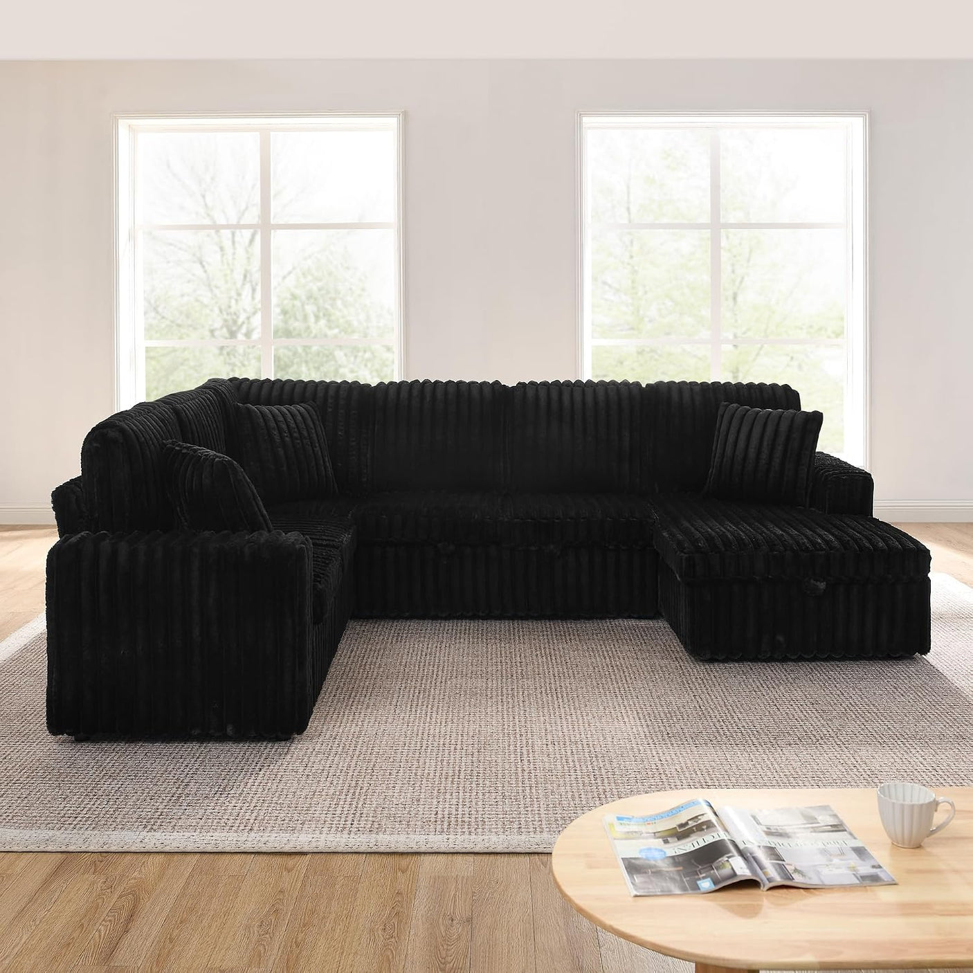114" U-Shaped Sectional Sofa with Pull-Out Bed, Storage Chaise & USB Ports | Plush Corduroy, Seats 7