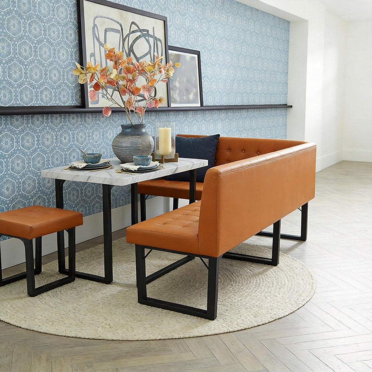 72" Corner Breakfast Nook Table Set with Storage Bench | L-Shaped Booth Dining Set, Seats 6, Orange