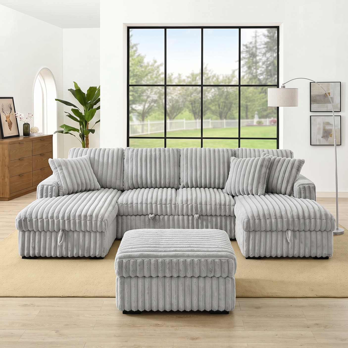 122'' U-Shaped Corduroy Sectional Sofa with Sleeper Bed & Storage Chaise