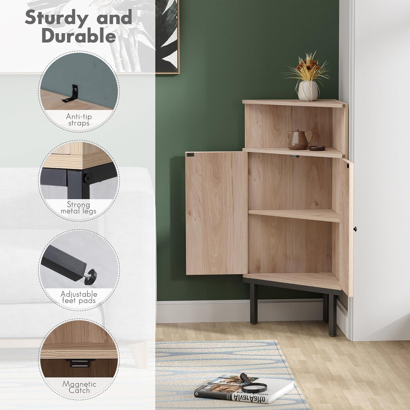 4-Tier Rattan Doors Corner Storage Cabinet