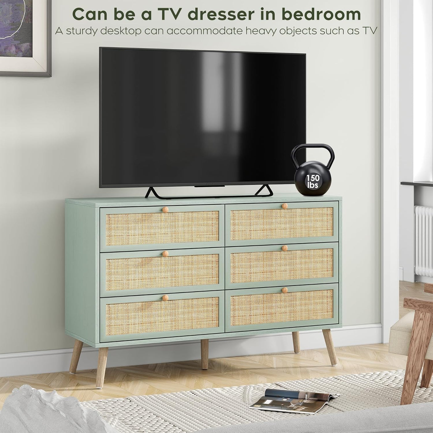 Modern 6 Drawer Dresser with Rattan Drawers