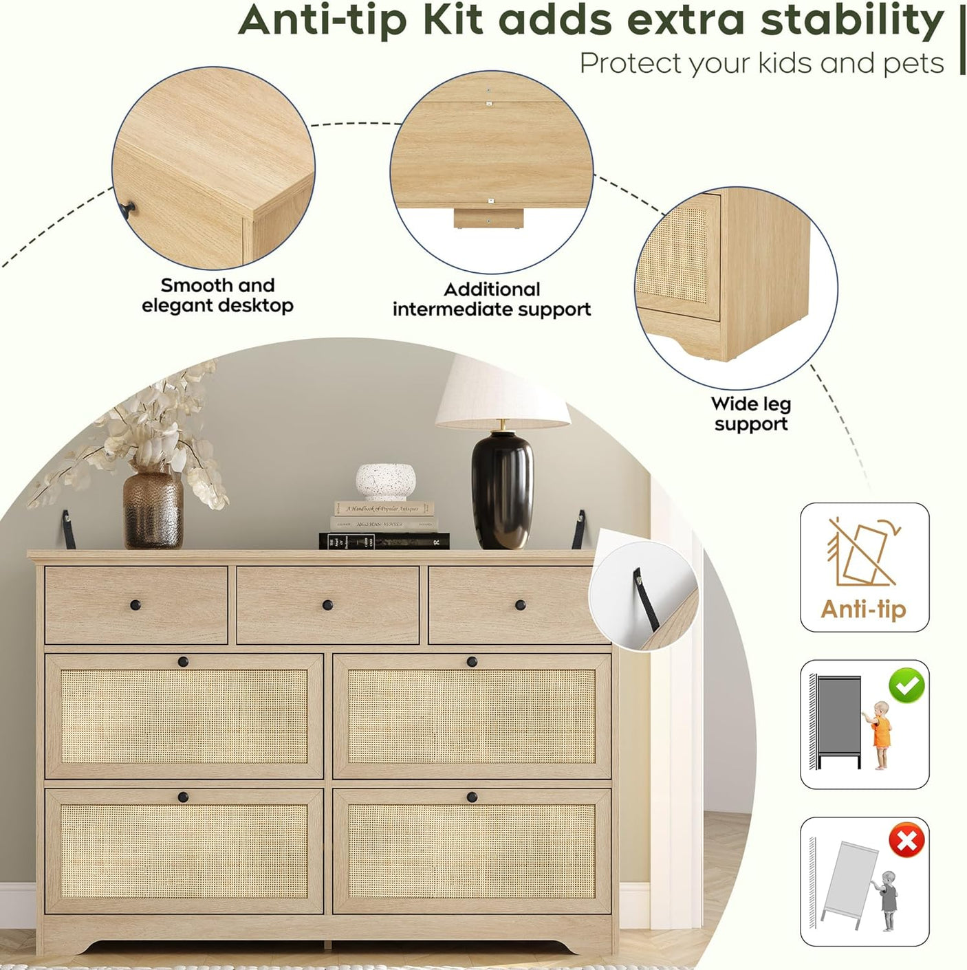 Boho 7 Drawers Natural Rattan Dresser