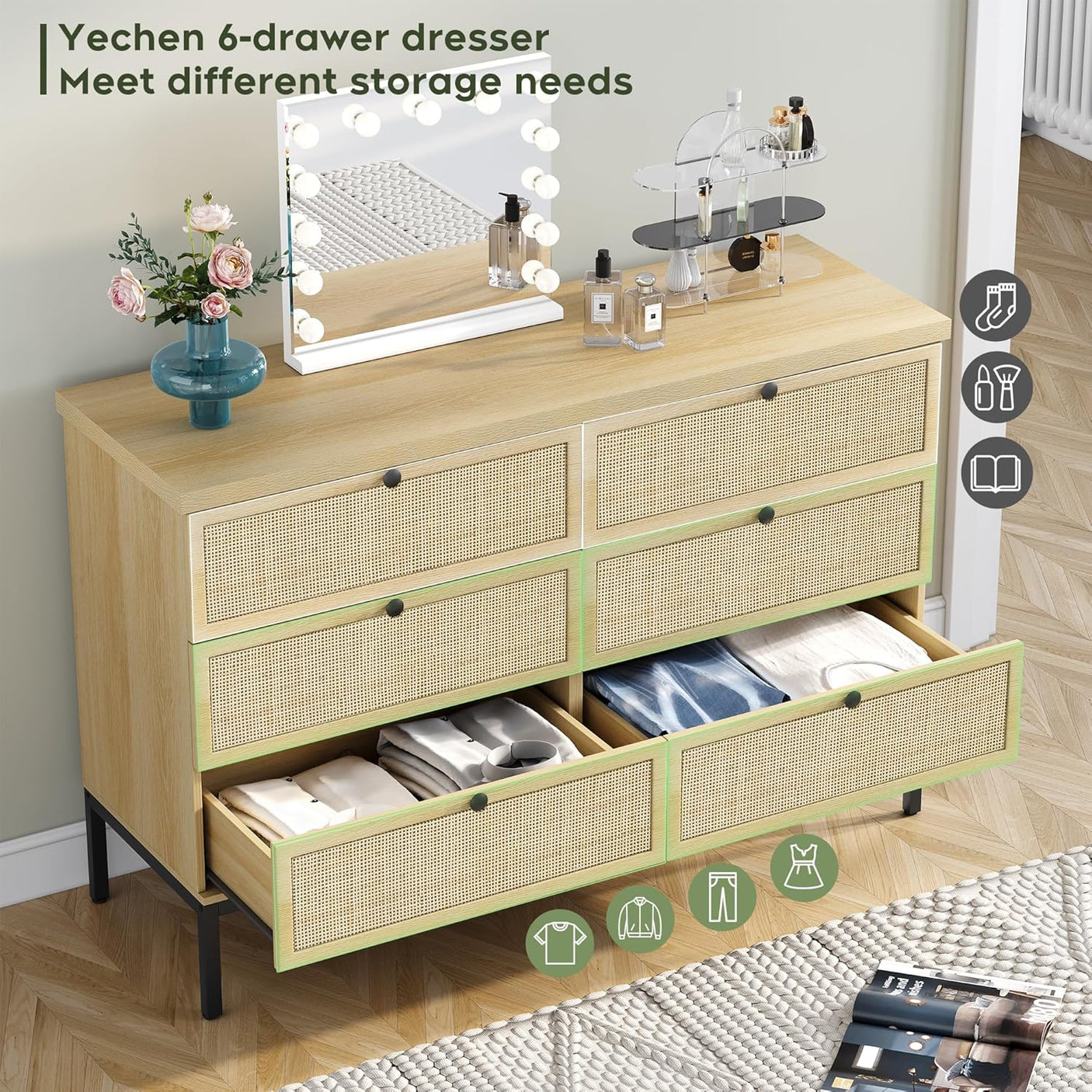 Modern 6 Drawer Dresser with Rattan Drawers
