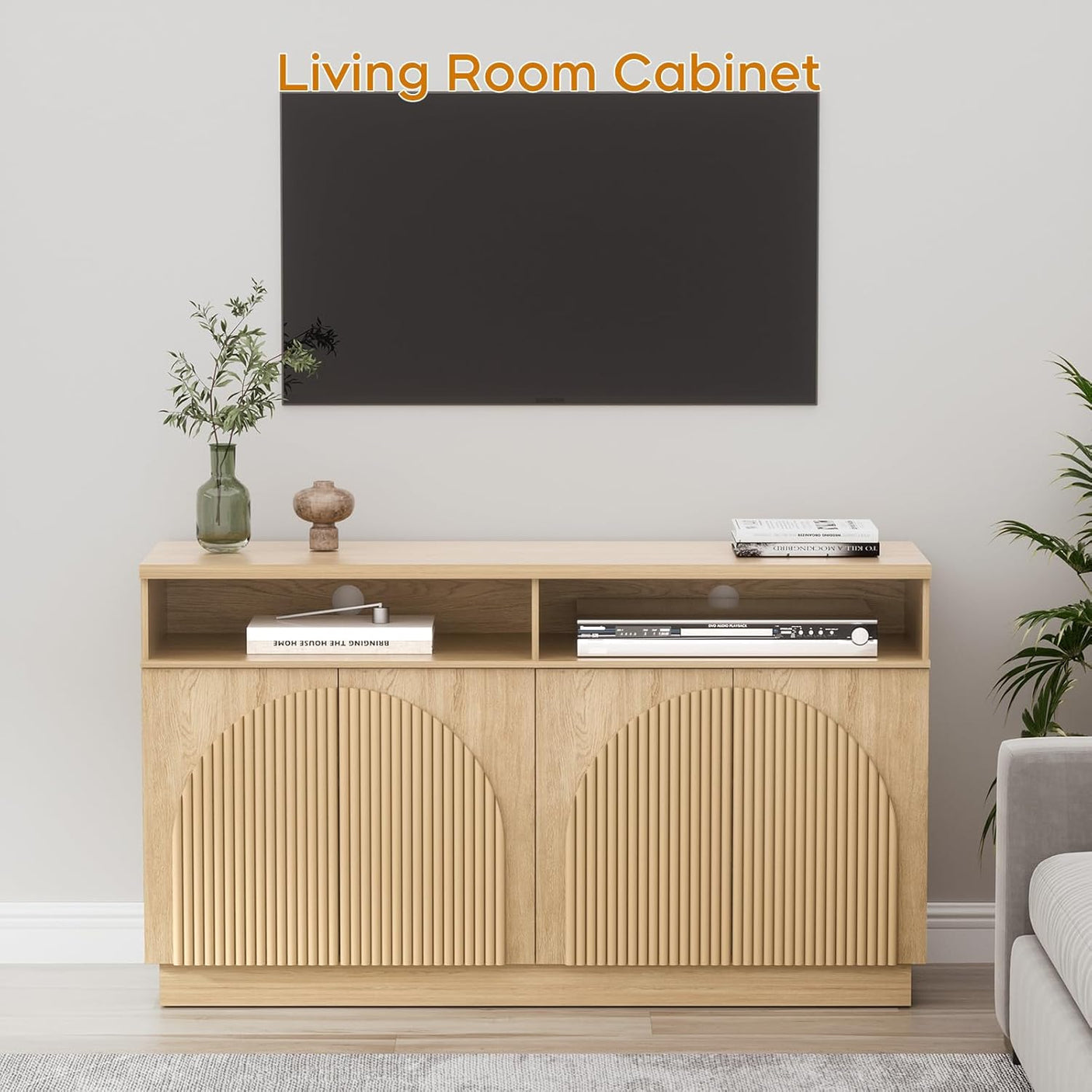 Fluted Sideboard Buffet Cabinet with Arched Reeded Doors - Mid Century Modern Storage