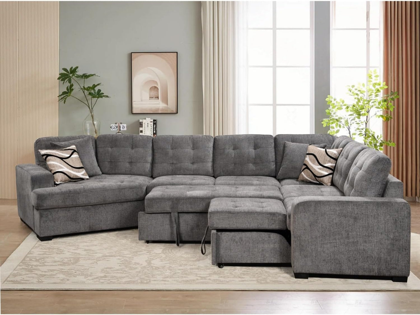 149'' Oversized Large Sectional Sleeper Sofa with Pull Out Bed & Cuddler | 7-Seater L-Shaped Sectional Couch with Chaise Lounge