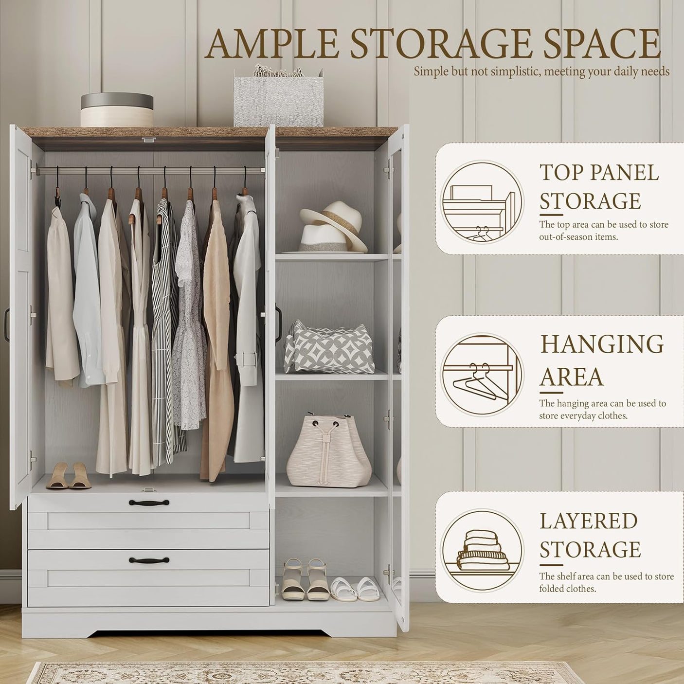 Yechen 3-Door Wooden Wardrobe Closet with Mirror, Drawers & Shelves, Farmhouse Armoire for Bedroom