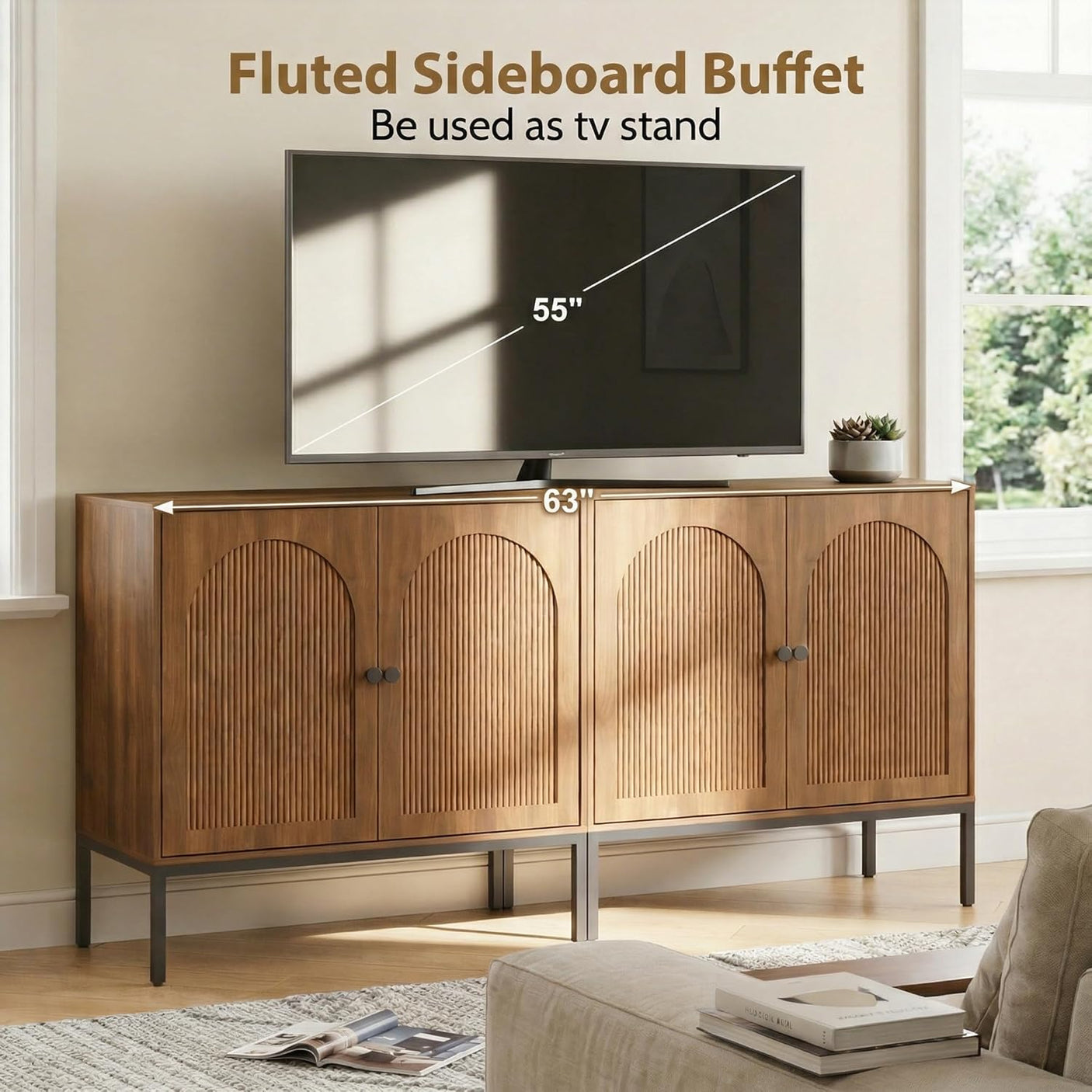 Fluted Sideboard Cabinet with Storage – 2-Door Arched Buffet Credenza | Mid-Century Modern | Walnut & Black