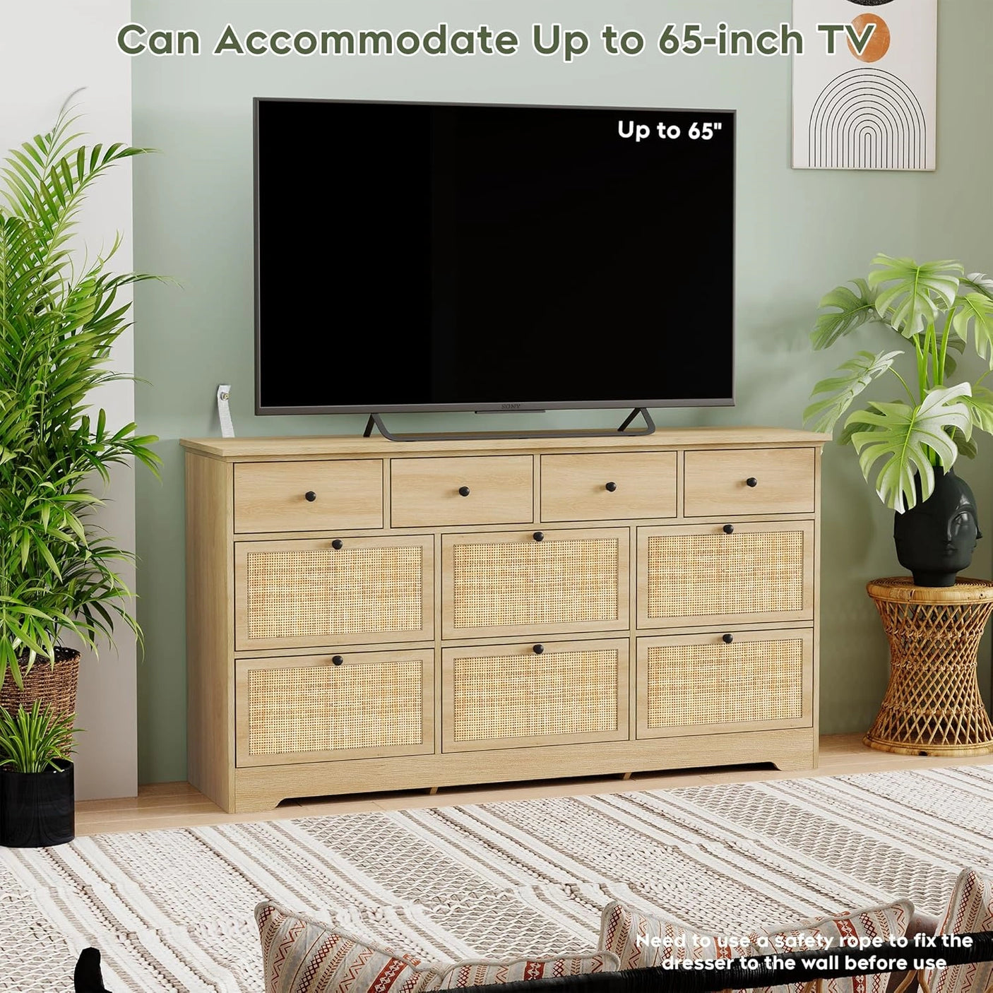 Yechen 59'' Wide Rattan Dresser - 10 Drawer Mid-Century Natural Wood Storage Cabinet