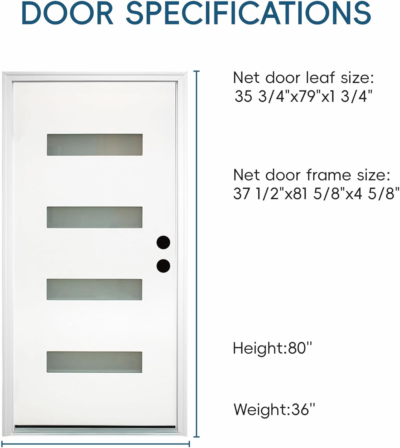 YECHEN 36" x 80" Fiberglass Pre-Hung Front Door, Contemporary Black Entry Door with Frosted Privacy Glass (Left/Right Hand Inswing)