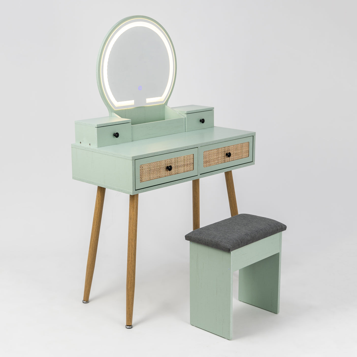 30" Vintage Makeup Vanity Table Set with Flip-Top Mirror & Rattan Drawers, Compact Dressing Table with Padded Stool
