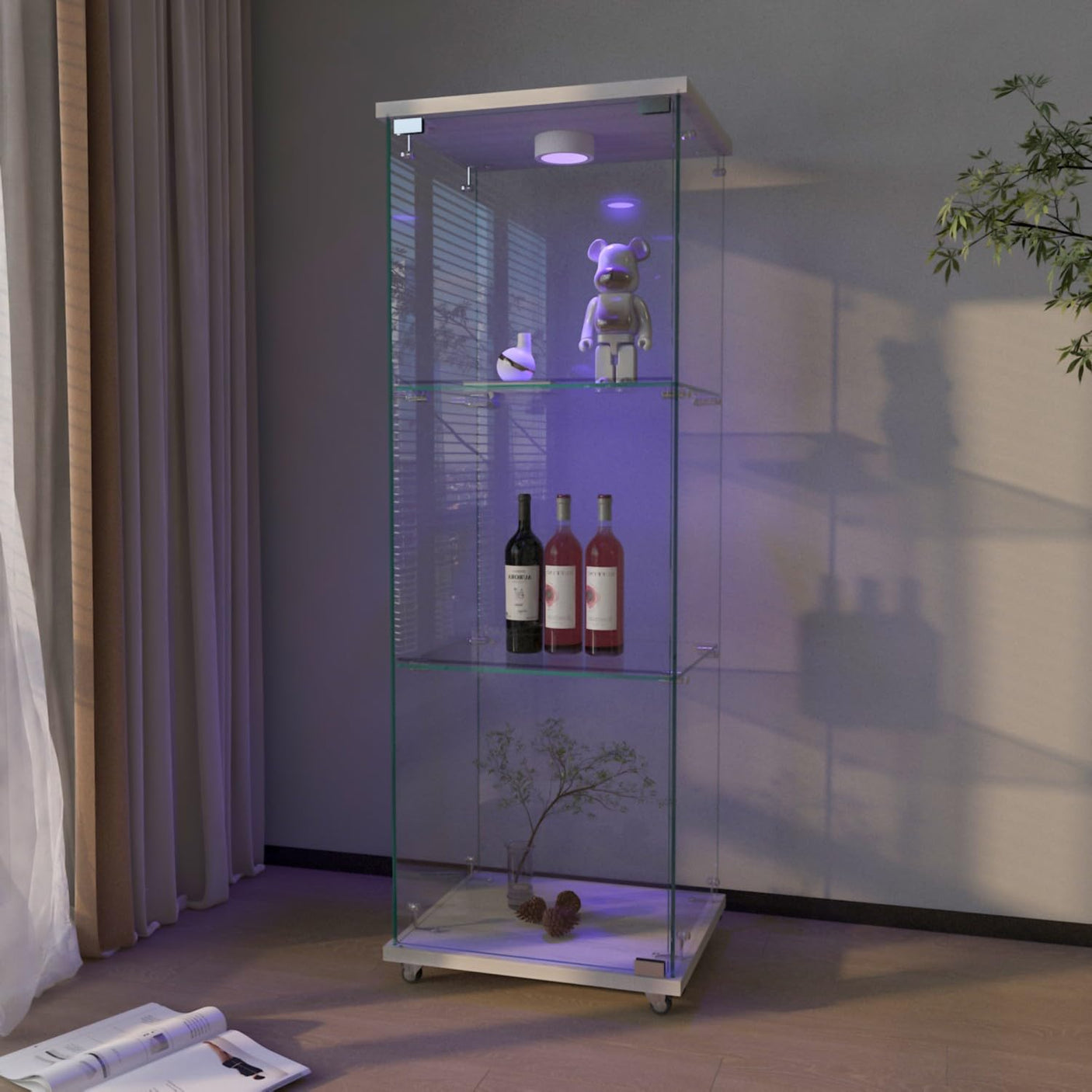 YECHEN Glass Display Cabinet with LED Lights | Tempered Glass Curio Cabinet