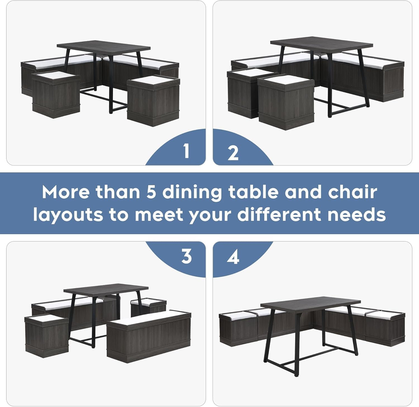 47 Inch Corner Dining Table Set with Storage Stool and Storage Bench