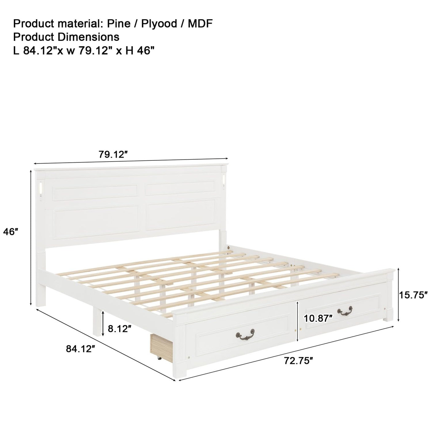 Farmhouse Bed Frame with Storage Drawers & LED Lights | Solid Pine Wood