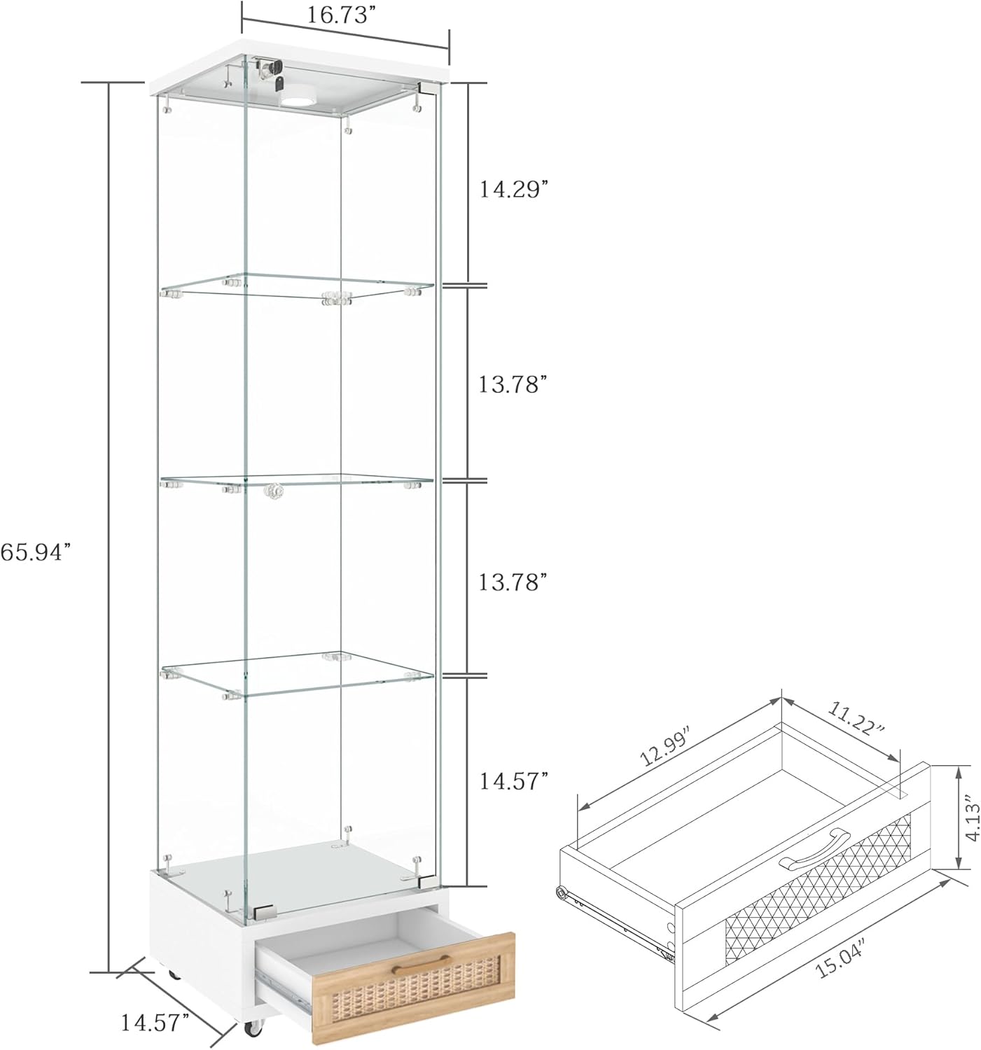 YECHEN Glass Display Cabinet with LED Lights | 4-Shelf Curio Cabinet with Drawer & Locking Door
