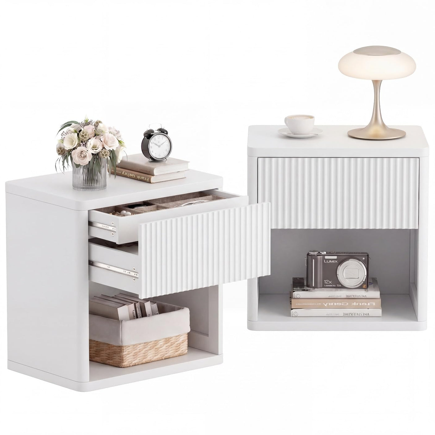 Yechen Fluted Nightstand | 22.8" Wide Mid-Century Bedside Table with Hidden Drawer & Open Shelf